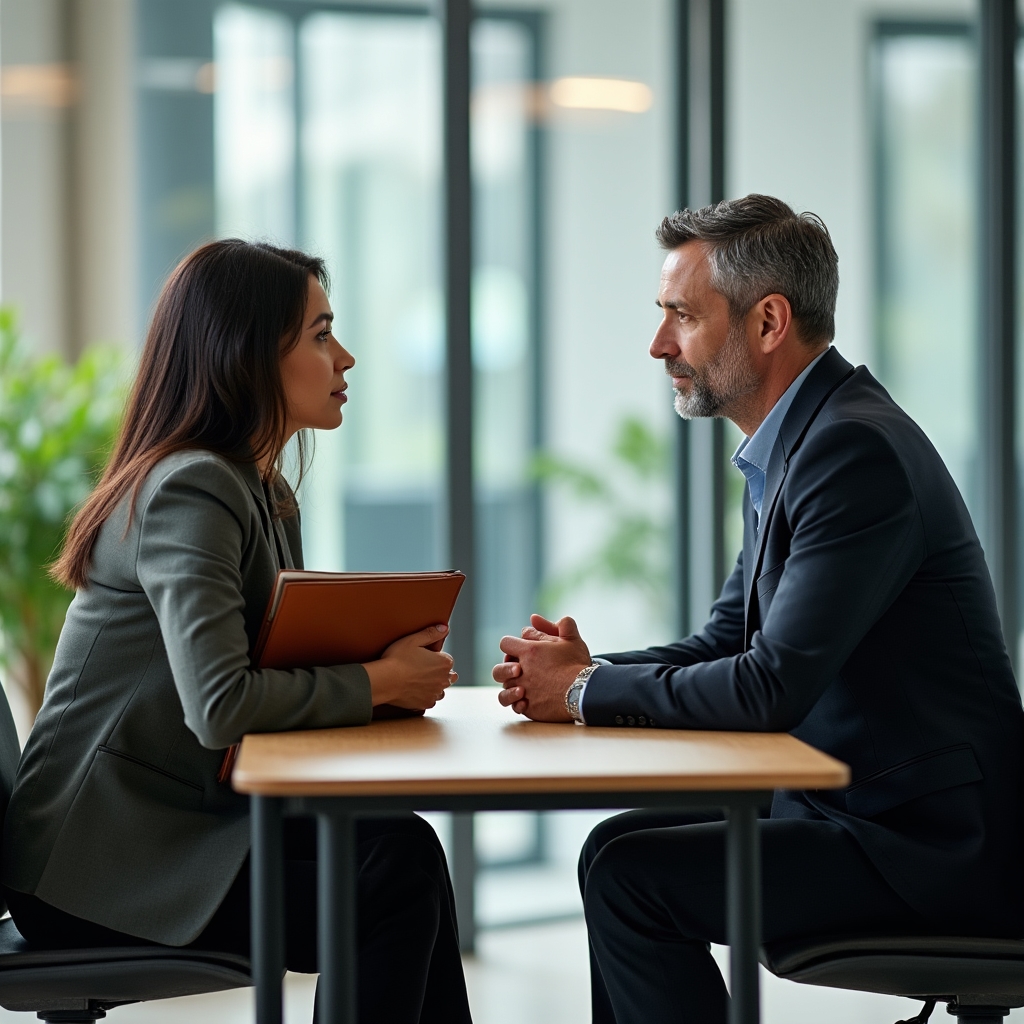 Two professionals having a focused career development conversation in a modern office setting