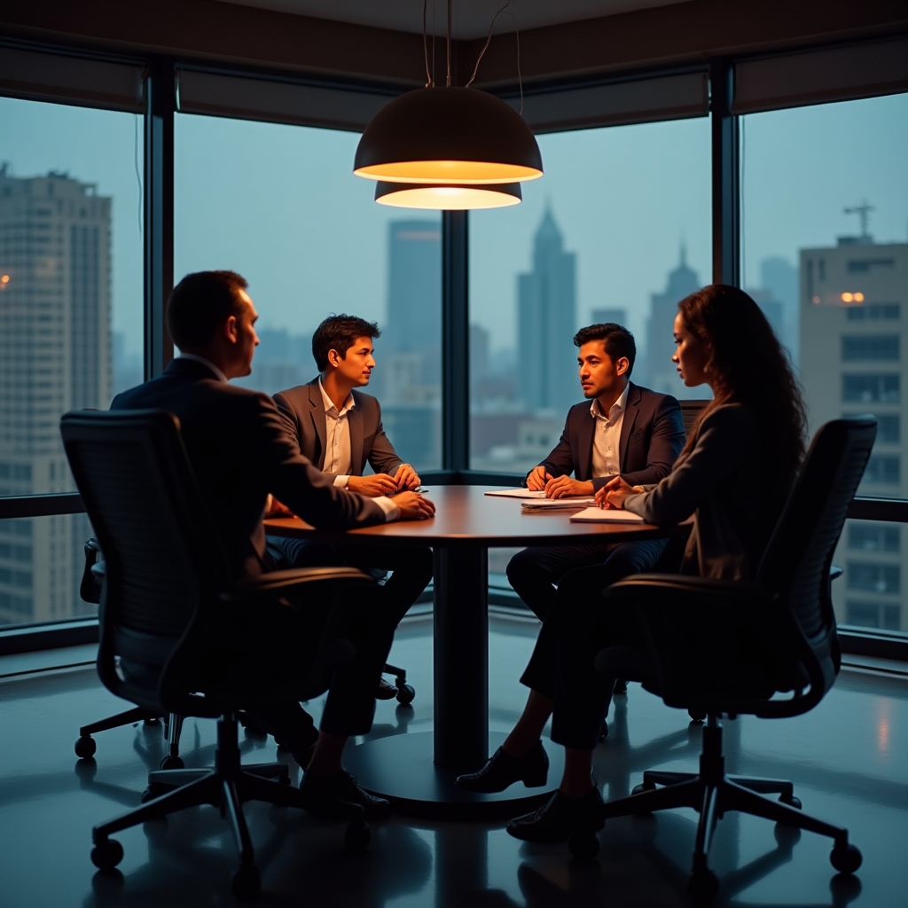 Diverse team of professionals in a focused discussion around a conference table